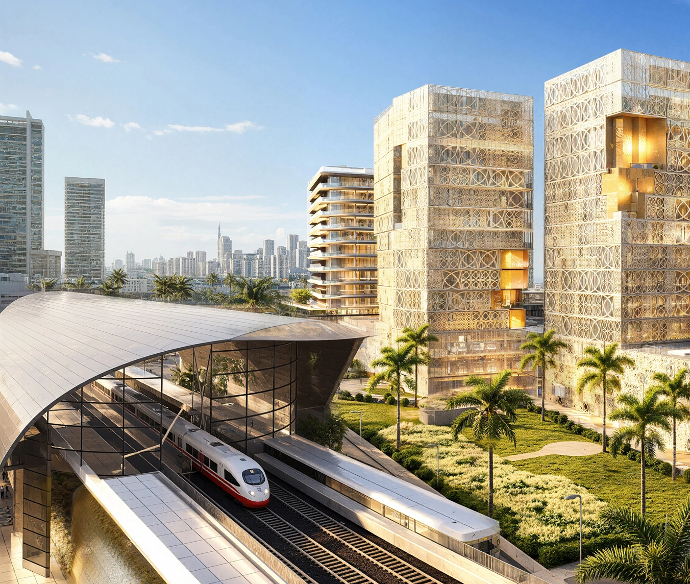 Richmond District Al Furjan night exterior with metro — Dubai